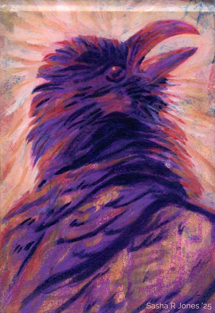 A mixed media painting of a raven from the shoulders up, head pointed up and beak open. The raven is rendered in shades of rich violet with bright red-pink accents, with peeks of umber showing through underneath. Radial light surrounds the raven's head.