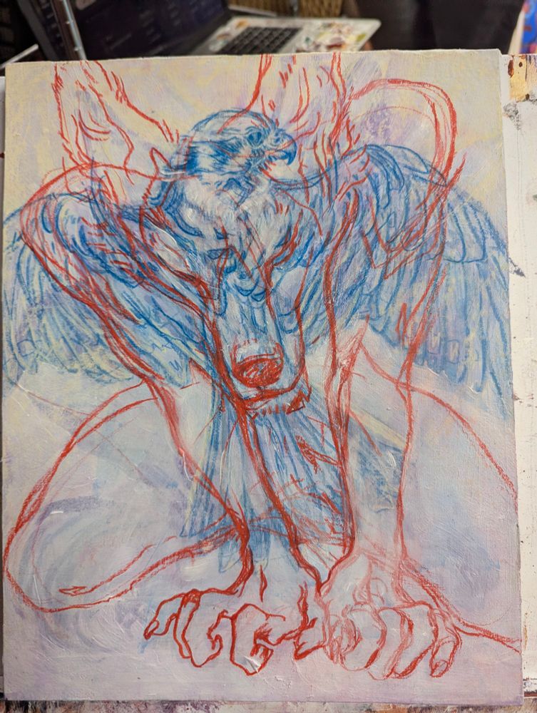 An in progress artwork, with a red drawing of a crouched anthro coyote over a drawing of a kestrel in blue. 