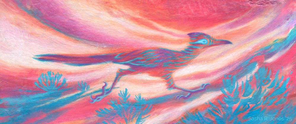 A wide format traditional painting of a roadrunner in a vividly colored landscape with chamisa shrubs in a semi-abstract landscape. Both the roadrunner and the environment are in bright hues of orange, pink, turquoise and violet.
