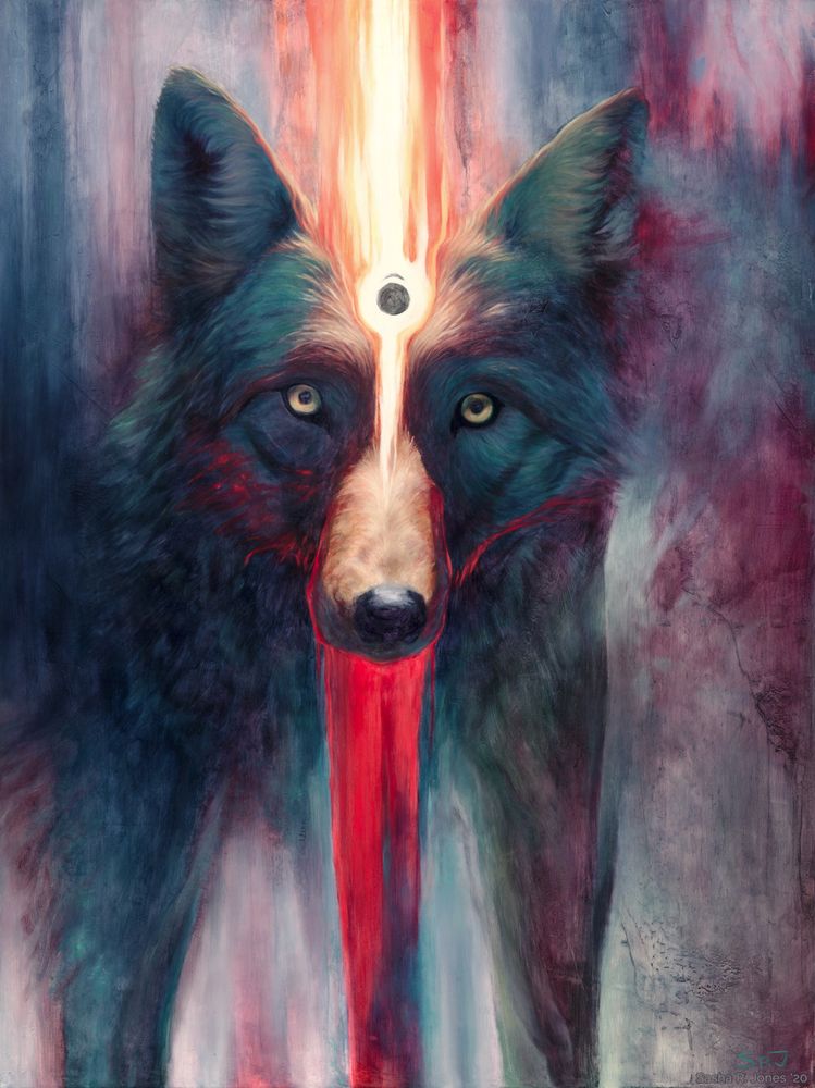 A painting of a coyote in dark teals and reds. A fiery flare of light originates around a small black circle in the forehead and shoots upwards, while vivid blood red flows down from the mouth. The coyote is making direct eye contact with the viewer.