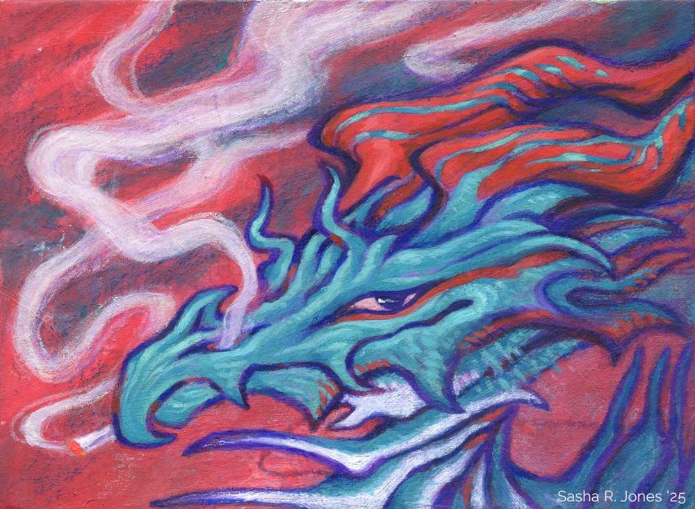 A small mixed media painting of a green dragon with red horns and accents. Wobbly tendrils of smoke rise from their nostril, and from the joint sticking out of their mouth. Their sclera are tinted pink.