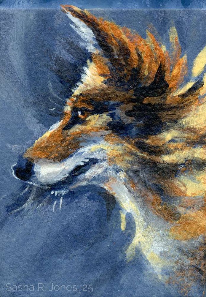 A loose portrait of a coyote in profile, painted in acrylic on a blue background. The coyote is rendered in copper, pale yellow, white and dark blue.