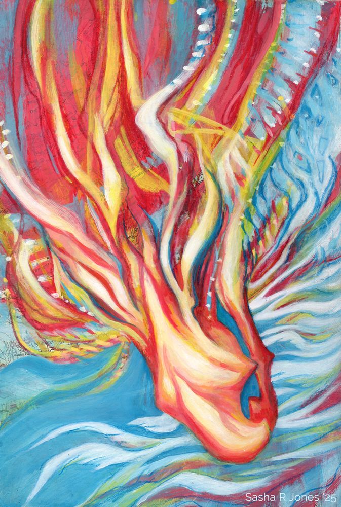 A traditionally painted portrait of a dragon with a beaky smile and closed eyes, head turned and tucked down over their neck. The forms of the dragon are abstracted and break down into simple shapes and colors in red, white, yellow and blue. Bits of an old map are faintly visible behind the artwork.