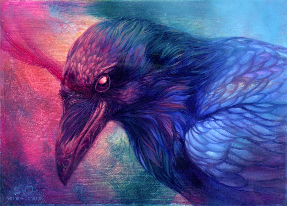 A portrait of a raven with an abstract rainbow-hued background. The colors of the background permeate forward into the raven itself.