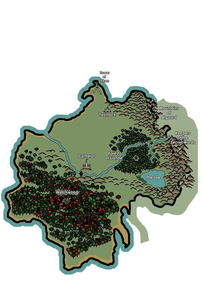 The kingdom of Camelot map from Romance of the Perilous Land. A large area of the south-west of the map is the Wytchwood. East of Camelot lies the Forest of Liande and the Loe. The Mountains of Algaard form a border on the east.