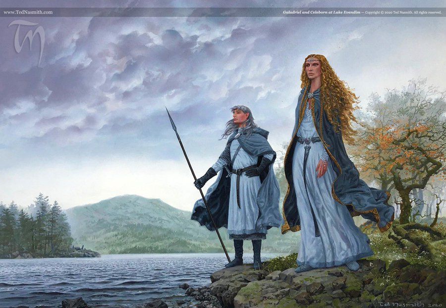 Art by Ted Nasmith: "Galadriel and Celeborn at Lake Evendim". Now also known as "Did Halbrand really sink to the bottom or did he just become goo and slink off?"