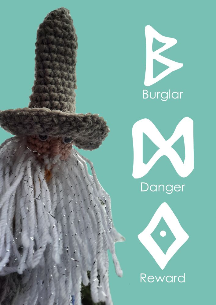 A stern felt Gandalf with a large hat and stringy hair looks on whilst to the right are three white runes: B (Burglar), D (Danger), Diamond (Reward).