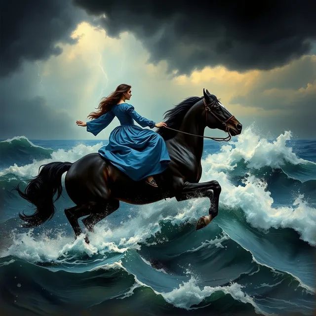A woman wearing a long blue dress riding a black horse in the sea during a thunderstorm.