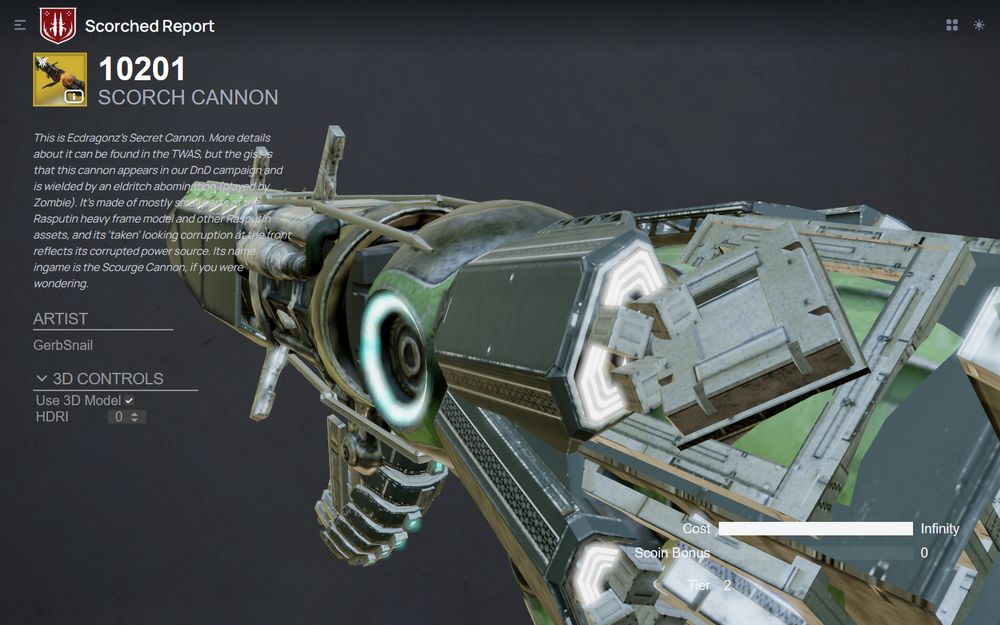 The scorched.report page for the 10201 Scorch Cannon