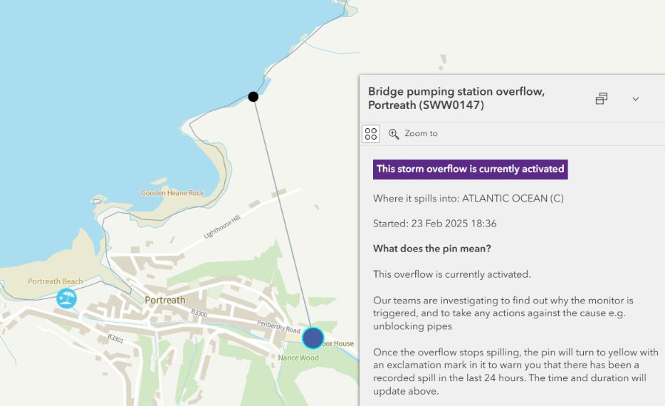 Details of sewage pollution at Portreath on the north coast of Cornwall on South West Water's "WaterFit Live" map at 09:00 UTC on February 24th 2025