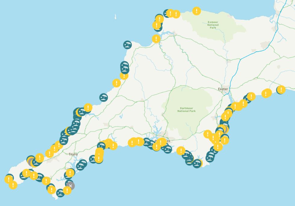 South West Water's "WaterFit Live" map of combined sewer overflow activations around the coasts of Devon and Cornwall at 08:00 UTC on February 24th 2025