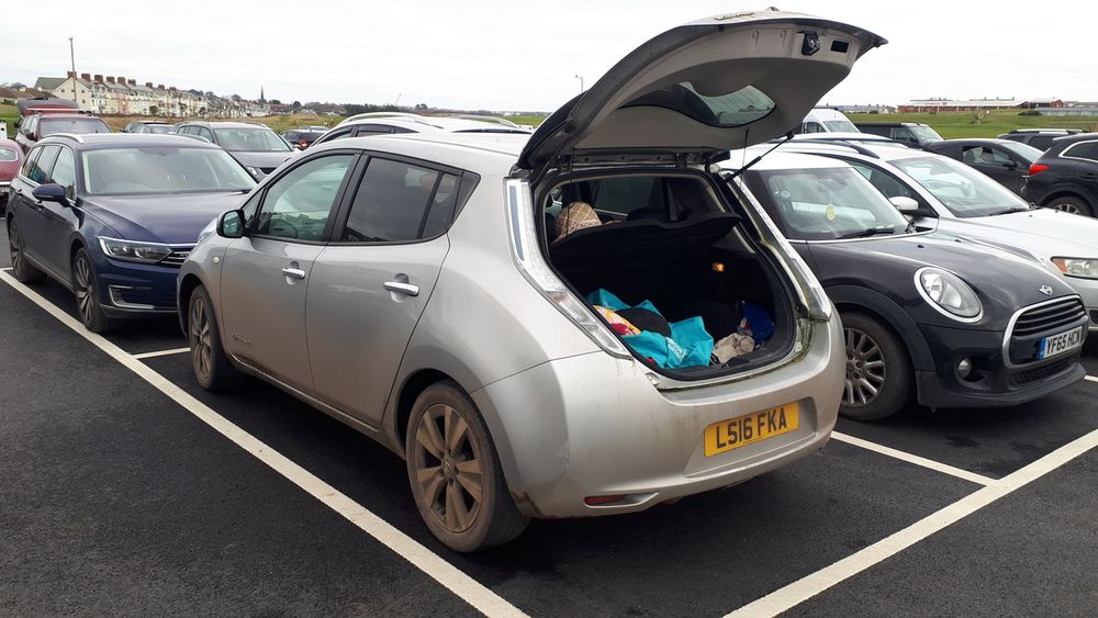 Lisa the Nissan LEAF in the cark park at Crooklets Beach in Bude in the early afternoon of February 1st 2025

