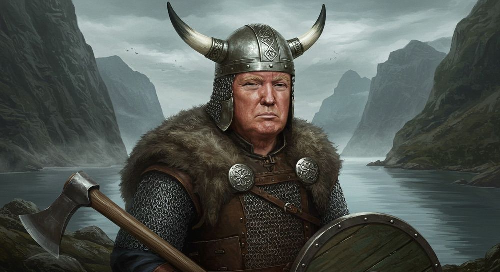 An AI generated "painting" of President Trump dressed as a Viking and carrying a shield and battleaxe.
