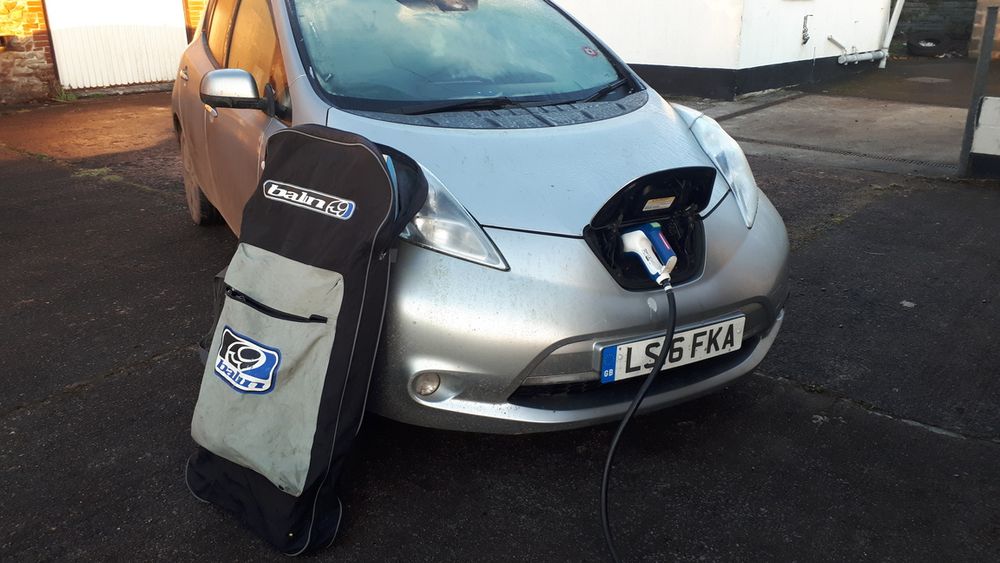 Lisa the Nissan LEAF pictured in the V2G Limited car park on the early morning of February 1st 2025.

Lisa is charging her traction battery using the CHAdeMO DC bidirectional connector located  on the left hand side underneath the flap on her nose.
