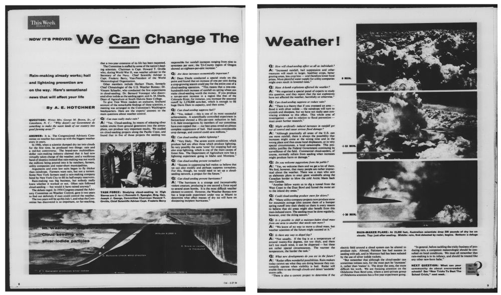 Image of 1956 Washington Star story headlined "Now It's Proved: We Can (underlined) Change The Weather!"
