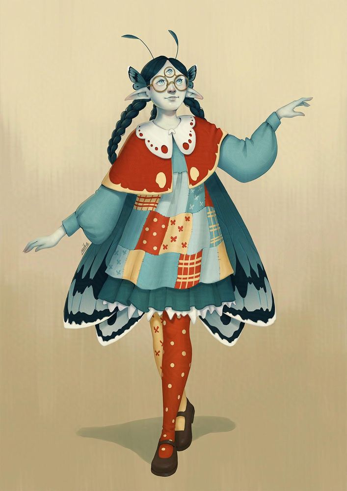 A drawing of a fantasy butterfly fey girl, she has pale blue skin, and is wearing a patchwork short dress that's yellow, cyan and red. She's also wearing mismatched socks and poofy sleeves with a little decorative poncho. She has a third eye and wears glasses, and there's a third glasses lens for the third eye. Her hair is done in long pigtail that are pinned back up into loops. She has antennae and butterfly wings, both of cyan/dark blue color.