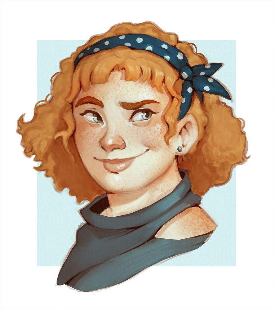 Illustrated portrait of a freckled ginger girl with curly hair. She has a blue dotted bandana, a small studded earring, thick eyebrows and is sporting a knowing smirk. 
