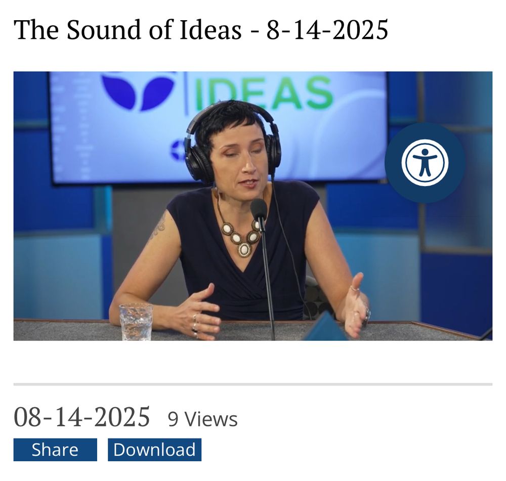 A picture of Brandy on air wearing headphones and a blue dress and in front of the blue Ideastream background 