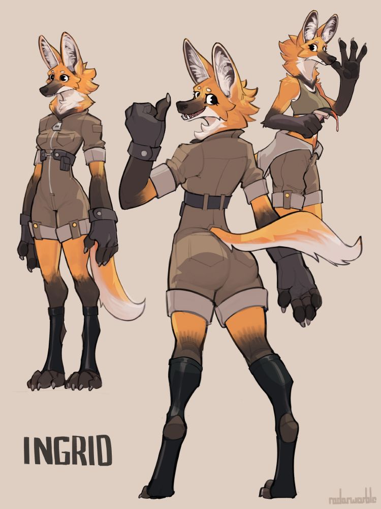 A design sheet of a female anthropomorphic maned wolf character. Her fur color is a vibrant orange with white countershading and dark markings on her limbs. She wears a cropped utility jumpsuit and appears to do something to do with both machinery and paint.
