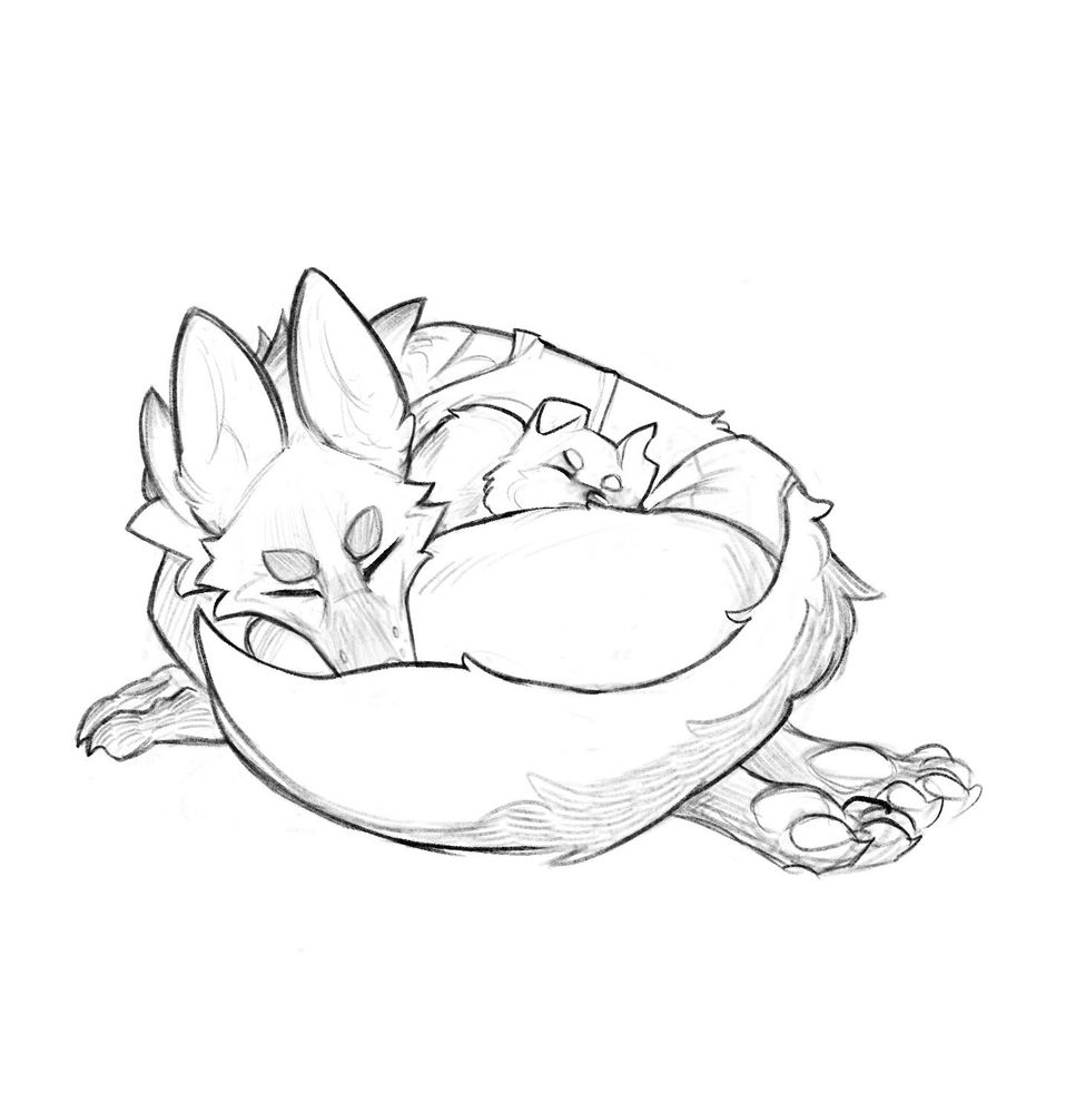 A sketch of my character Armistice curled up like a dog with a small puppy.