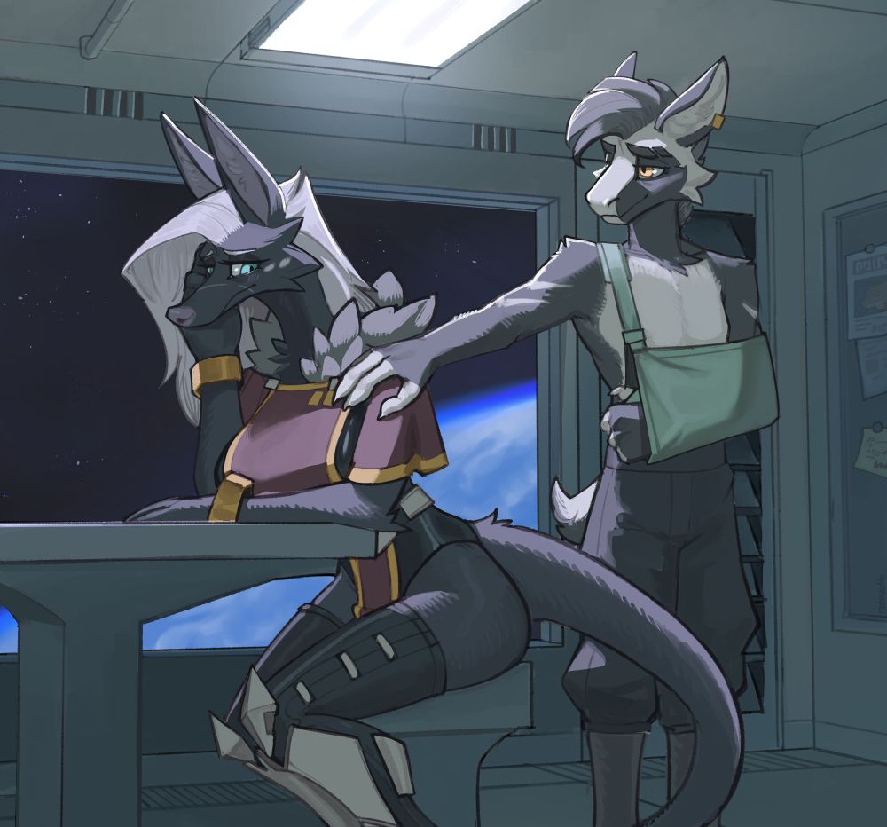 A colored scene of two characters in a sci fi spaceship cafeteria, with a large window giving a view of a planet below. Lady sits on a table looking uncharacteristically troubled. Grimm, with this left arm in a sling, puts a reassuring hand on her shoulder with a kind smile on his face, as if to say “it’s okay”.

She looks at his hand and her frown changes ever so slightly into a little smile, blushing at the unexpected comfort.