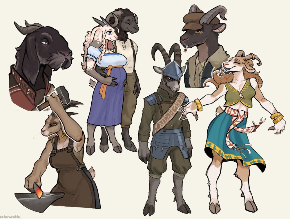 A sketchpage of several character belonging to the caprine species in my setting. From left to right: an old, wise elder lookin' fella, a blacksmith lady forging something, Trudy and her husband Eamon in their 20s expecting their first child, an ibex soldier, a rather proletarian looking goat dude and a dancer wearing traditional clothing.