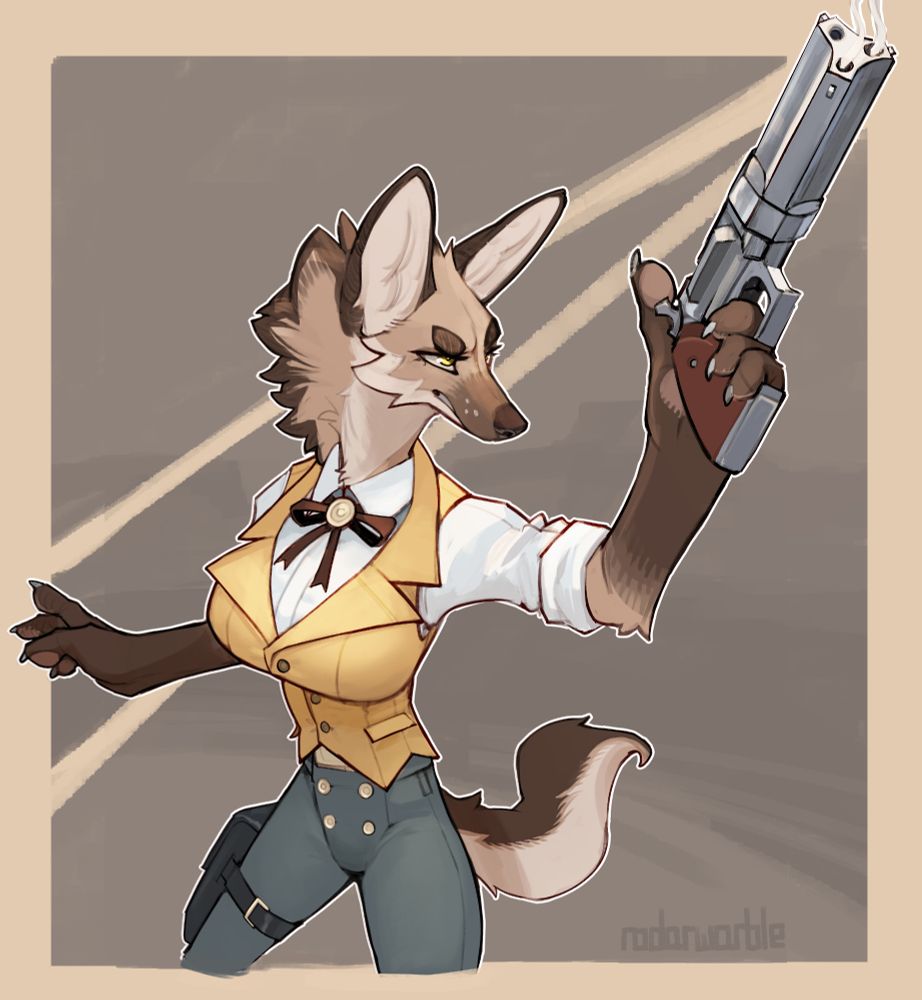 Armistice in a shooting stance holding a comically large pepperbox pistol with three barrels, two of which are smoking.