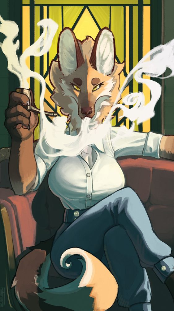 A painted portrait of Armistice, my maned wolf character (in-universe species "ourata").  She's sitting on a booth in a saloon, smoking her pipe as she stares intensely at the viewer. There's a large cloud of smoke emanating from her pipe and another being exhaled through her mouth. There's a green stained glass window behind her.