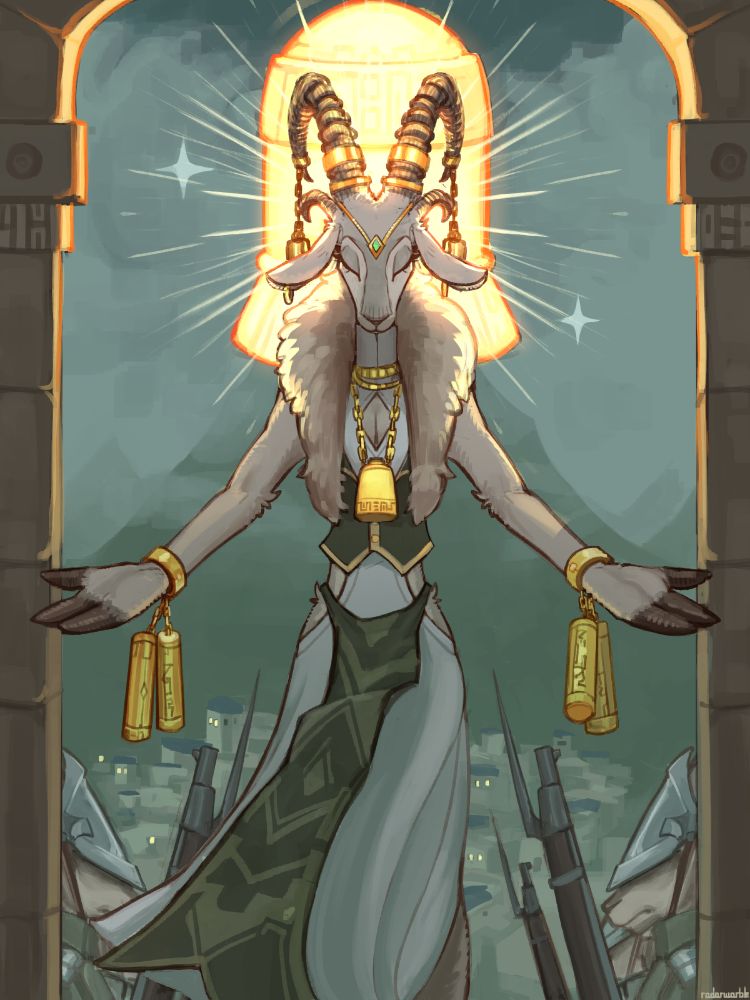 A painting of a tall, slender caprine woman resembling an alpine ibex. She's standing in the center of the frame with her arms outstretched, eyes shut and head bowed slightly. There are heavy golden shackles with weights attached hanging from her horns, wrists and chest. Behind her, a large golden bell frames her face, its glow illuminating its surroundings. Behind her stand two rows of caprine soldiers bearing arms, and further beyond, a city can be seen at the feet of the mountains.