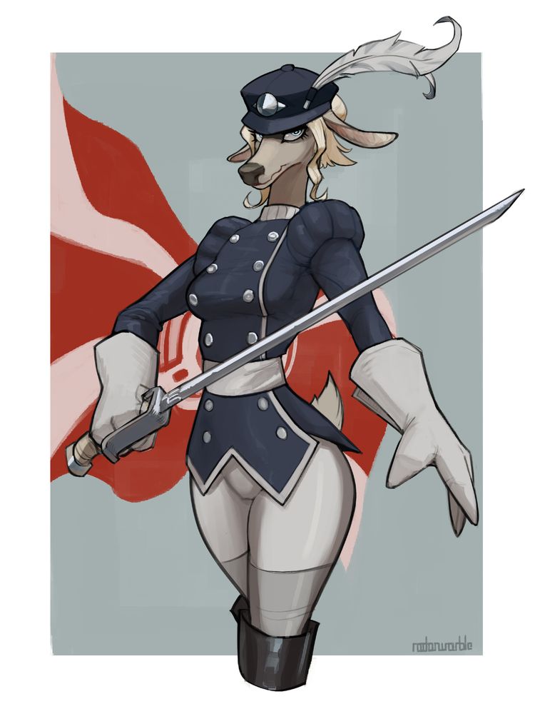 A colored sketch of Captain Iplyn Delaford from the webcomic Tinderkell by Yitexity. She stands in front of the Qothic flag with her sabre drawn.
