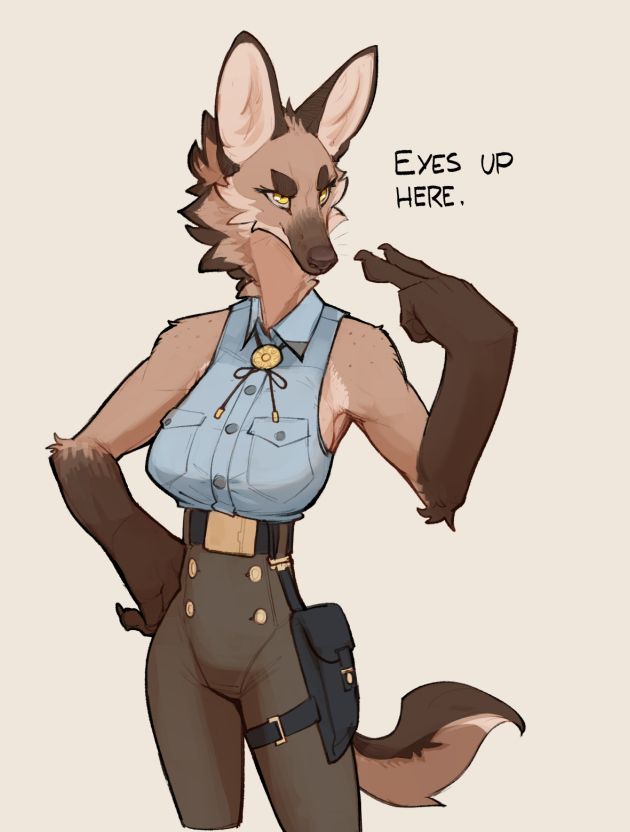 A female maned wolf anthro (Armistice) wearing a light blue sleeveless blouse and high rise brown slacks. She’s pointing at her eyes and looking to a character of screen (presumably Marshal Azimuth) and saying “eyes up here.”
