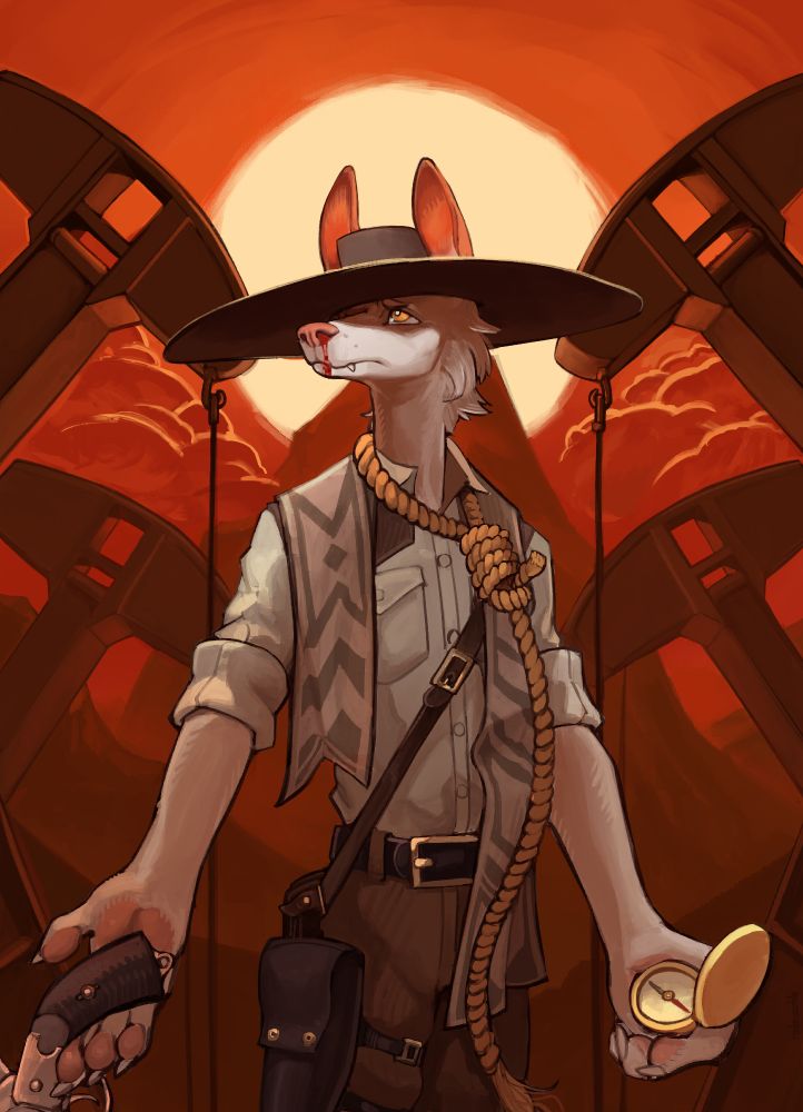 A painting of Marshal Azimuth standing somewhat dejectedly. He has a bloody nose and there's a noose hanging off his neck. He's holding his revolver very loosely in one hand, and a compass in the other. Behind him stand four oil derricks, framing him in front of Mount Arrowhead, the red sun looming above all.