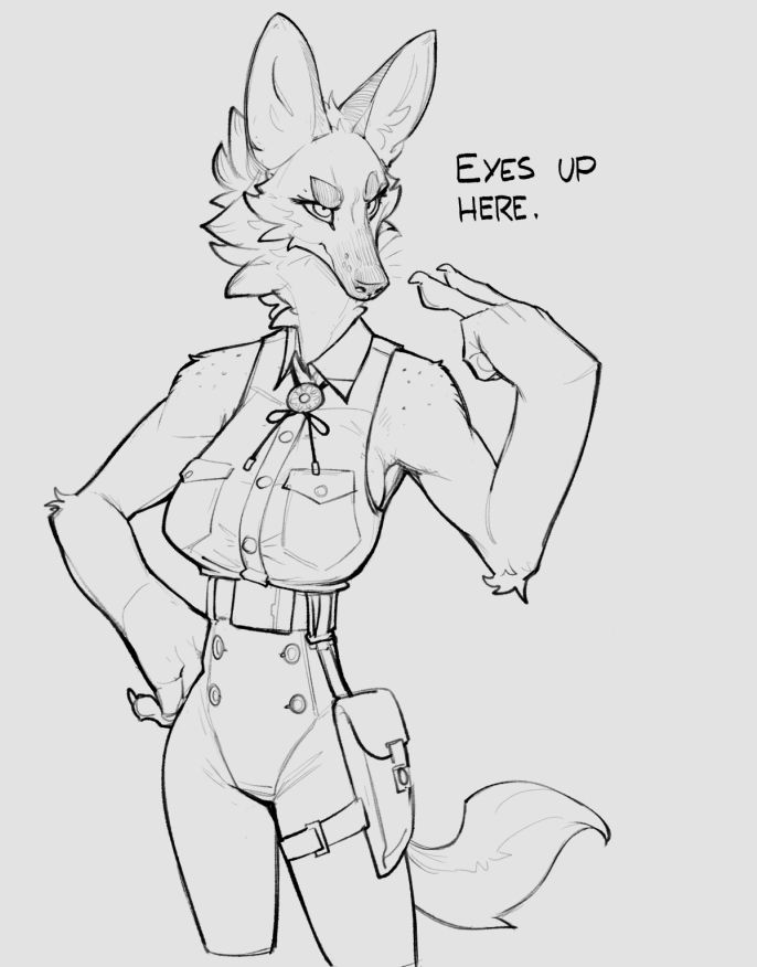 A sketch of Armistice wearing a sleeveless blouse, high-rise pants, and a small holster. She's staring intensely at a character off-screen, pointing at her eyes and saying "Eyes up here."