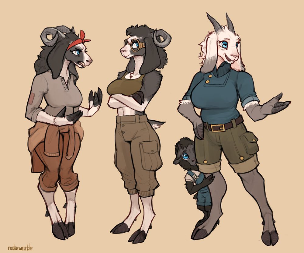 A colored sketch of four caprine characters: two black/white furred sisters -Maya and Nina-, a little wooly black-furred boy -Leo- , and Trudy herself.