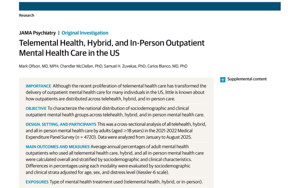 JAMA Psychiatry article: "Telemental Health, Hybrid, and In-Person Outpatient Mental Health Care in the US" by Mark Olfson et al. Discusses distribution of mental healthcare across different modalities. Includes importance, objective, design, and outcomes.