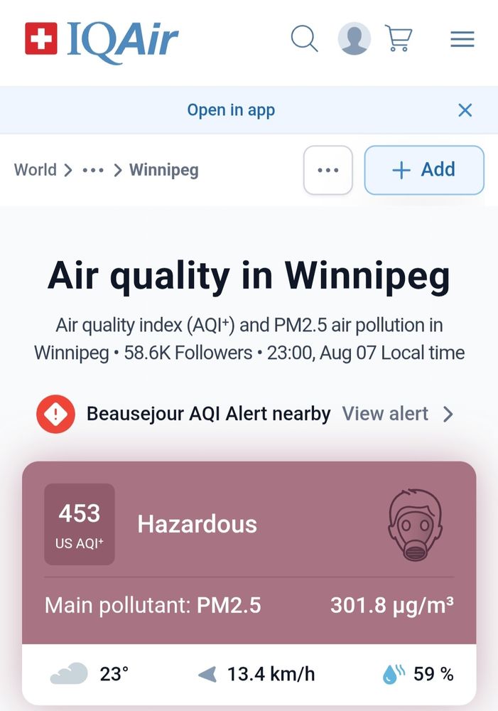 IQair index winnipeg: 453 us aqi - hazardous