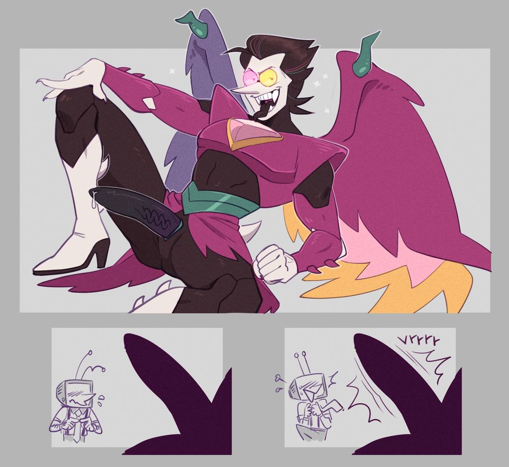 Neo Spamton from Deltarune leaning back on one elbow with one leg hitched up, exposing himself to the viewer.
Beneath the main image are two simple doodles; Tenna stands sheepishly in the background while an imposing silhouette of NEO's junk is in the foreground. In the 2nd image, it starts vibrating and startles the TV Man