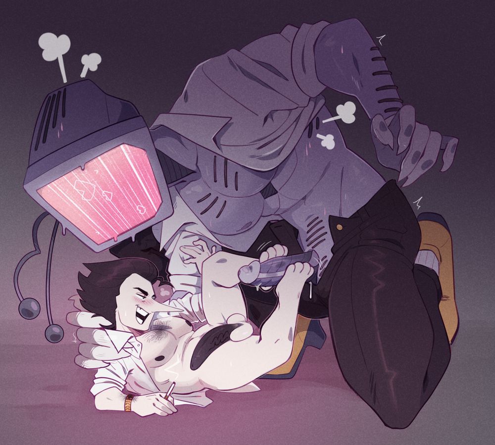 Spamton and Tenna from Deltarune, during their Big Shot / Partner era.
Both are in unbuttoned dress shirts, though Tenna also has his pants, shoes and socks on. He is looming over Spamton, a deep squatting kneel with one arm pulled back and the other hand gently supporting Spamton's head and shoulder.
Spamton is on his back, a cigarette in one hand while the other grasps at Tenna's bicep. He's gripping Tenna's dick with both paw-like feet, looking smug but heated. Tenna's screen is glitching out, looking like pink VHS tears with hearts scattered across it.