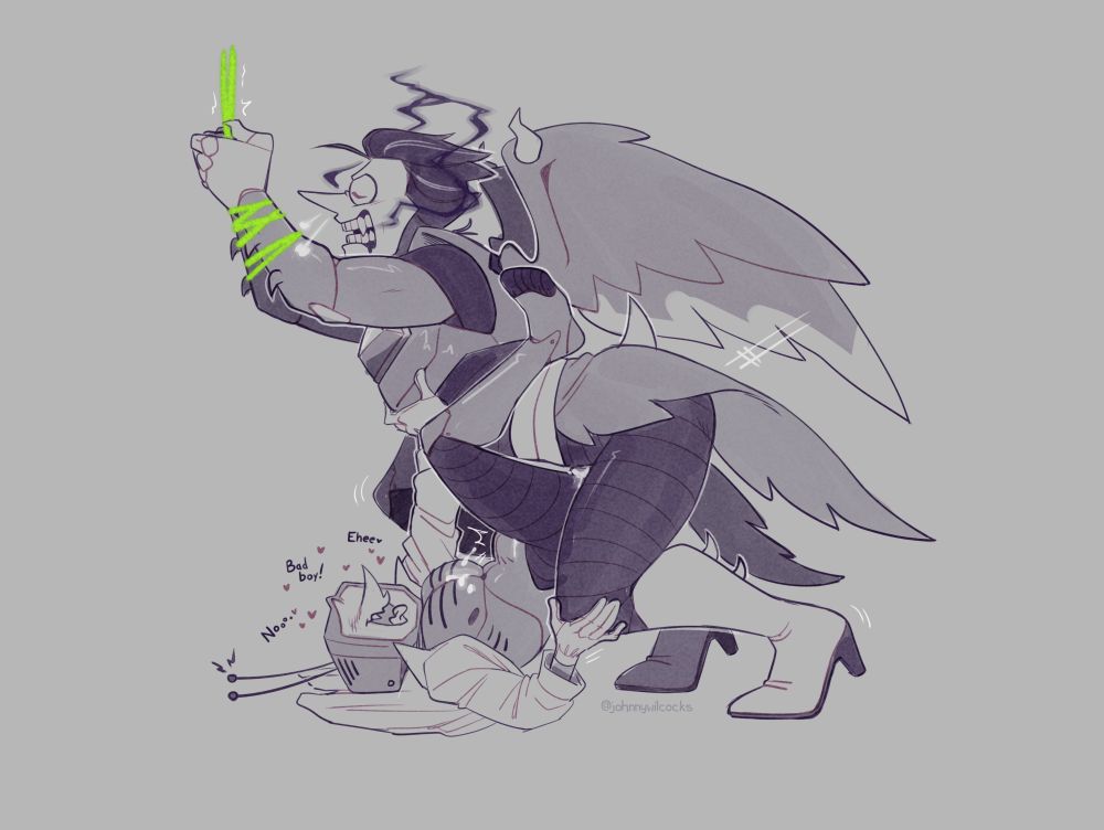 Final image in sequence; NEO is now mounted on top of Tenna, who is folded up on his back beneath him.
NEO is concentrated on breeding him, while Tenna mewls happily underneath him, one hand on NEOs torso and the other holding a knee.