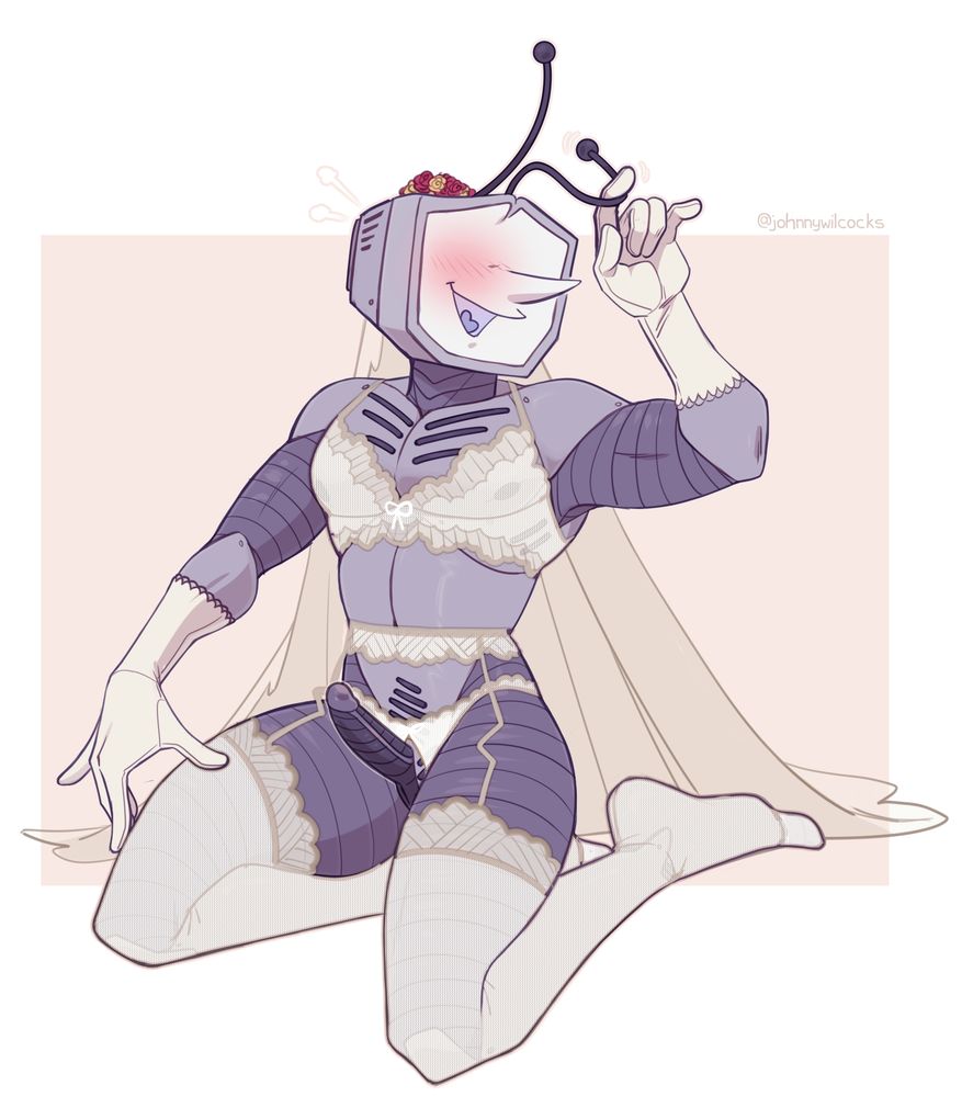 Tenna from Deltarune, posing in a kneeling position in white bridal style lingerie, complete with a veil. He is fiddling with an antenna and blushing. The panties are crotchless, exposing his erect dick and pussy.