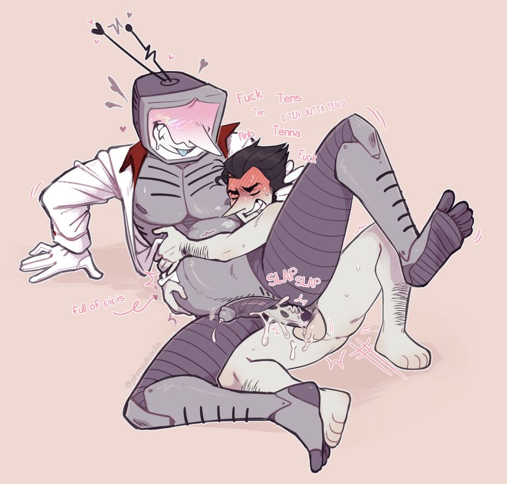 Spamton and Tenna from Deltarune
Spamton is deperately thrusting into Tenna, cradling him from behind. Tenna is propped up on one arm, the other running through Spamton's hair, grinning and biting his tongue, tummy expanded from an unknown number of pipis. There is a significant amount of cum where they're connected, and Spamton is babbling various pet names and swears.