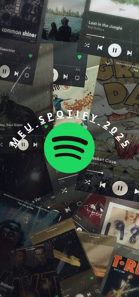 Colagem com varios prints do Spotify ao fundo. A frente o logo do Spotify escrito "meu Spotify 2025" acima