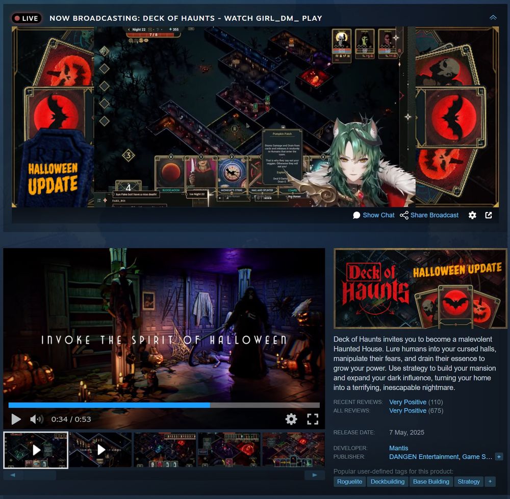 Updated spooky Halloween Deck of Haunts Steam page with girl_dm_ on stream.