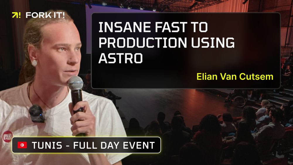 The VOD miniature with a picture of Elian giving his talk, the title of the talk "Insane fast production using Astro", his name and the fork it! logo, and a picture of the room where the talks were given as background. A label indicates it's from the Tunis for event. 

