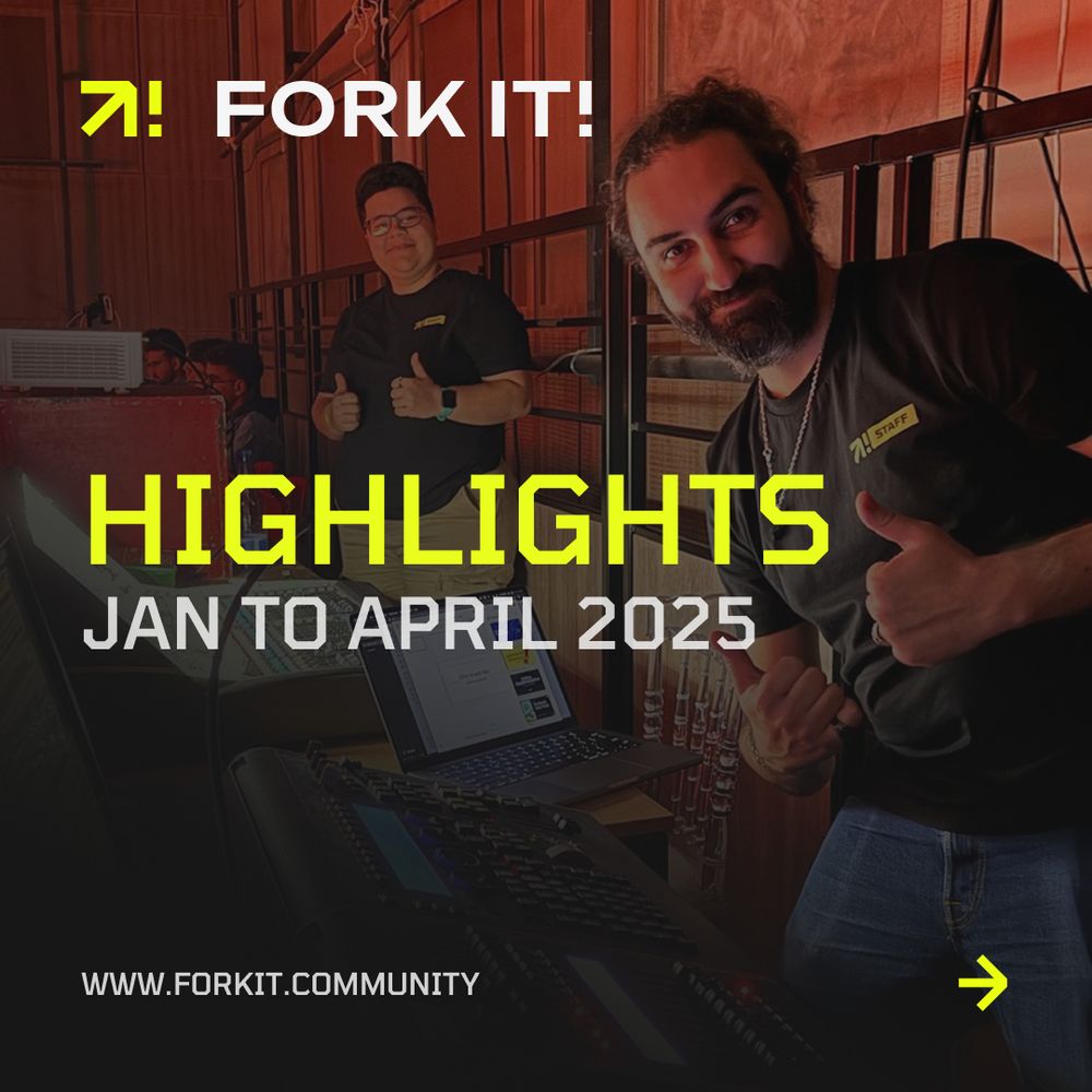 A picture of Yoann and Jeanne during Fork it! Tunis, smiling for the camera at their technical post. On it, "highlights" and "jan to april 2025" is written, with an arrow to indicate there's more pictures to be seen