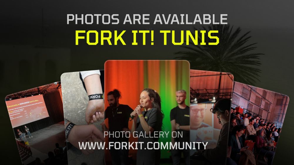 Fork it! branded pictures showing pictures of the organisers, the attendees and a person working on his laptot. They're displayed as cards underneath "photos are available Fork it! Tunis"
