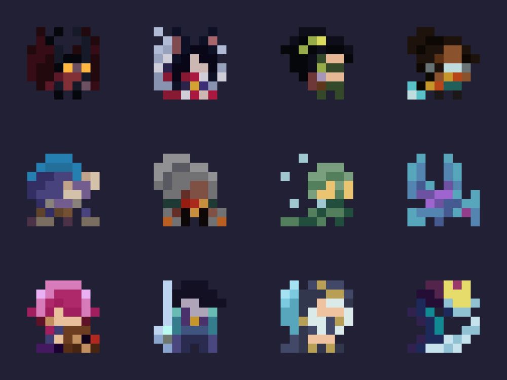 A 4x3 grid of 8x8 pixel art sprites of the first 12 league of legends champions alphabetically. Aatrox, Ahri, Akali, Akshan, Alistar, Ambessa, Amumu, Anivia, Annie, Aphelios, Ashe, and Aurelion Sol.