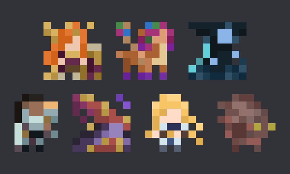 Pixel art of Leona, Lillia, Lissandra, Lucian, Lulu, Lux, and Malphite from League of Legends. The sprites are in 8x8 resolution.