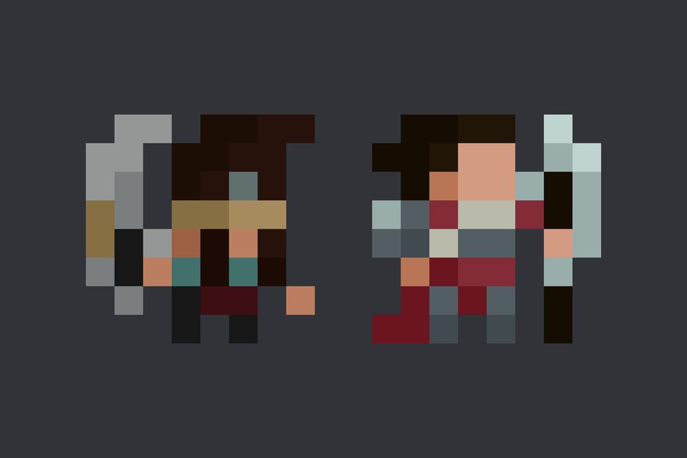 pixel art of draven and darius in 8x8 pixels. draven is on the left and darius is on the right