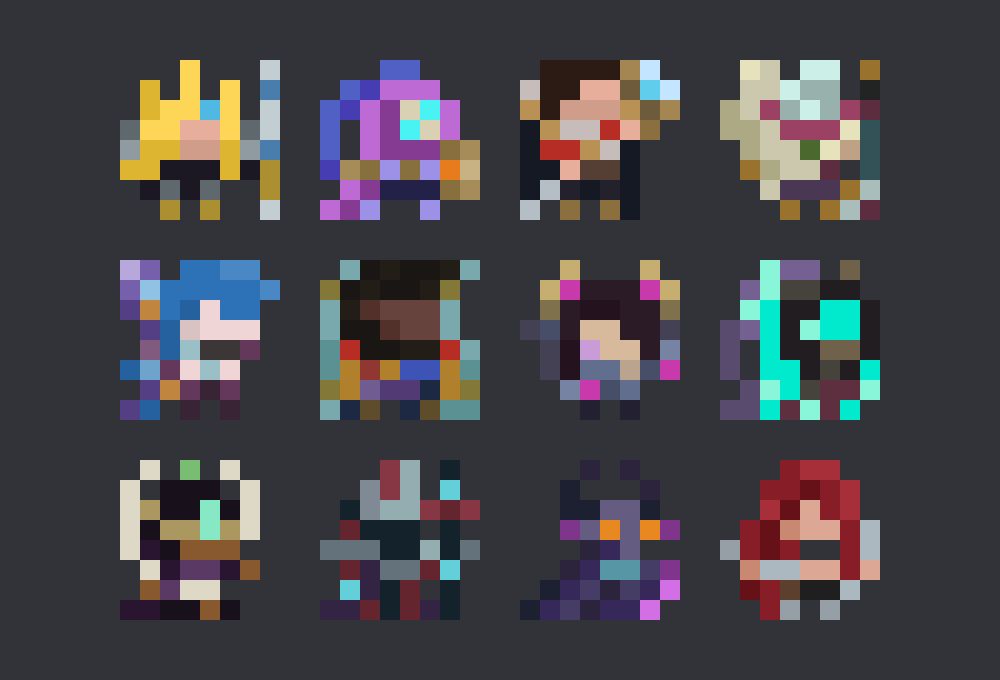 Pixel art of various League of Legends Champions in 8x8 resolution.